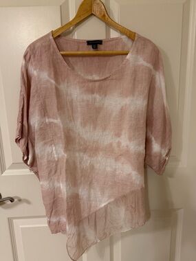 Saks Fifth Avenue Women’s Small Oversize Linen Top Tan White Tie Dye EUC